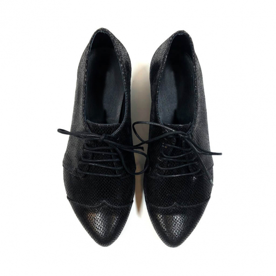 Black leather oxfords, Polly Jean in snake pattern