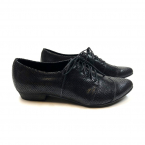 Black leather oxfords, Polly Jean in snake pattern