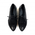 Black leather oxfords, Polly Jean in snake pattern