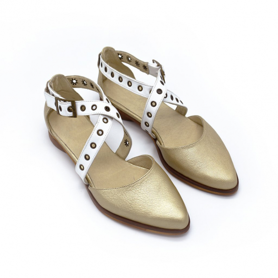 Gold and white buckle closure flat sandals, Harper