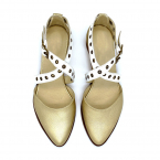 Gold and white buckle closure flat sandals, Harper